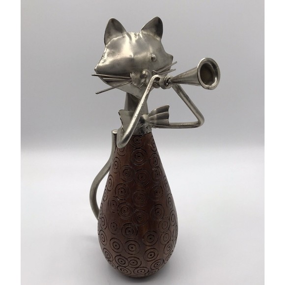 Pier 1 Carved Wood & Metal Cat Figurine Playing Trumpet Horn 10" - Picture 1 of 16